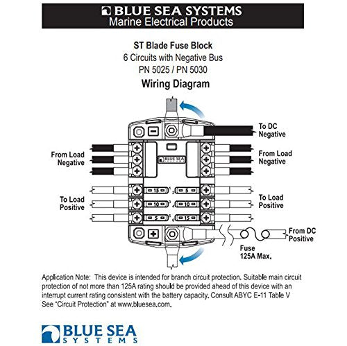 BLUE SEA SYSTEMS ST Blade Fuse Block, 6 Circuits with Negative Bus and Cover